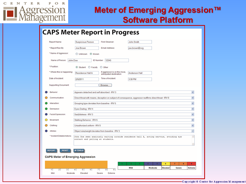 A screen shot from the Meter of Emerging Aggression Web-based Platform showing the entry of objective observables and threat assessment based on those observables.